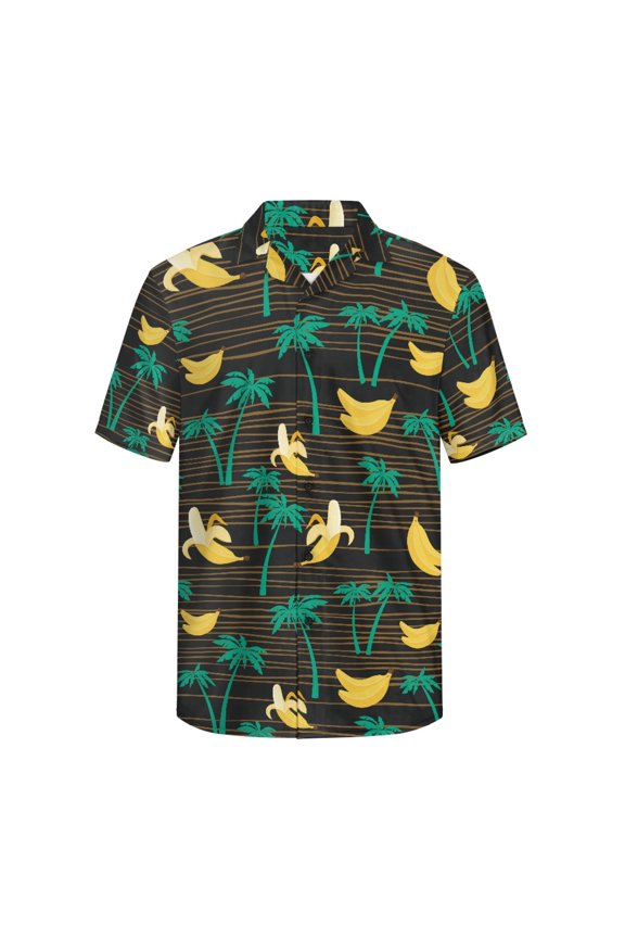Light Men's Short Sleeve Button Shirt, Comfortable Loose Fit Men's Short Sleeve Button Top for Travel Vacation, Yellow Banana Palm