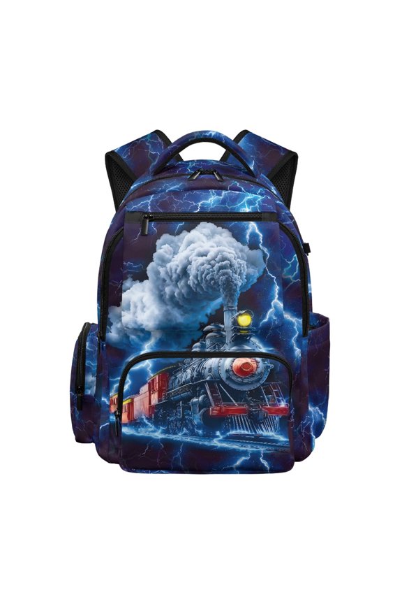 Lightning Steam Train School Bag with Multi Pockets Adjustable Strap Travel Daypack, Lightweight 17 Inch Bookbag for Back to School Elementary School Daily Use