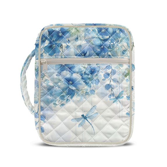HELLHERO Lightweight Bible Cover Case for Women, Zippered Pocket Portable Quilted Bible Cover Case Polyester Book Protector Blue Floral Dragonfly