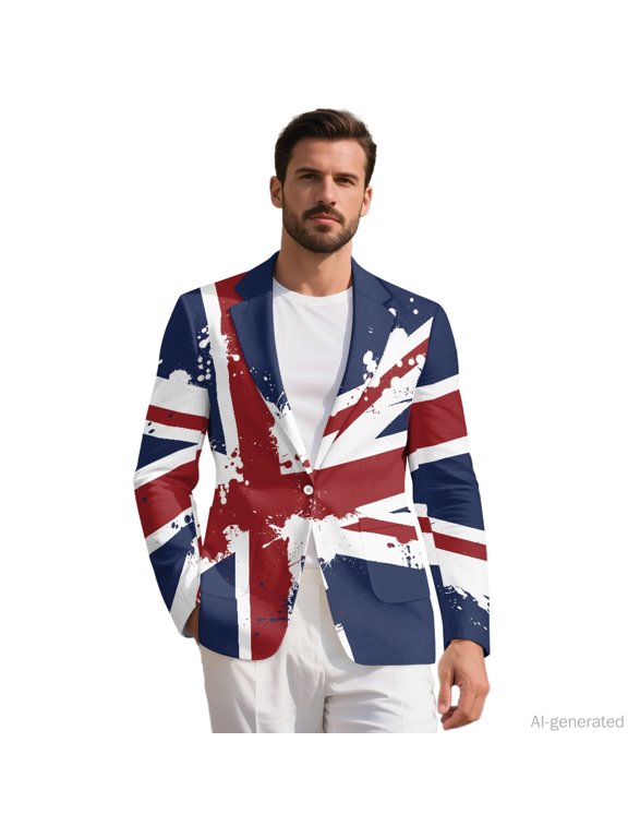 Lightweight Blazer, Artsy Union Jack Polyester Single Breasted Mens Blazer for Business Casual