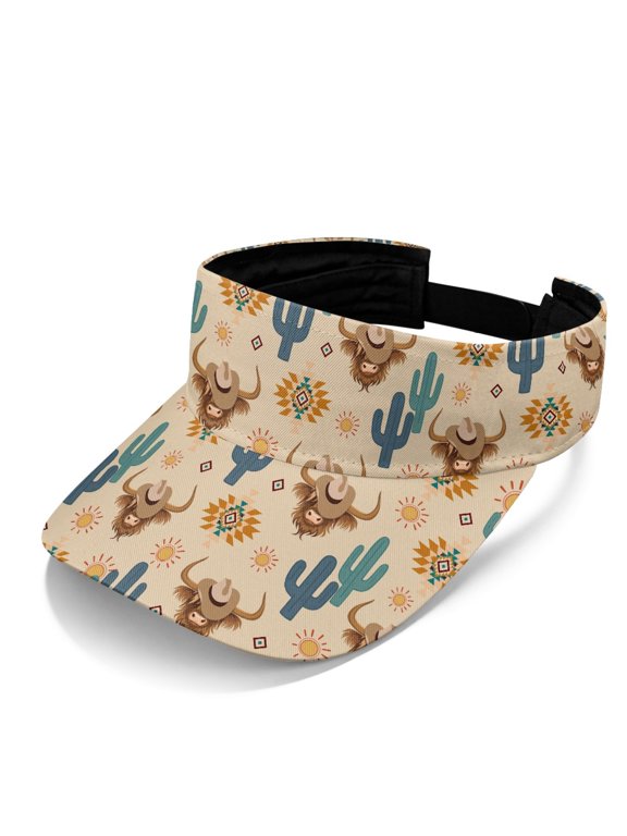 Lightweight Polyester Fabric Sun Visor Cap for Tennis Outdoor Sports, Comfort Fit Fashion UV Protection Visor Hat, Western Highland Cow & Cactus Print