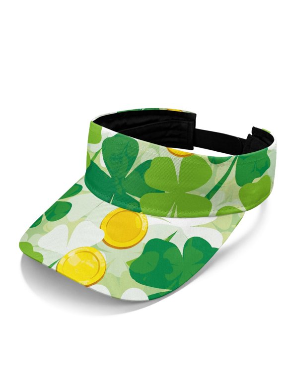 Lightweight Polyester Fabric Sun Visor Cap for Running Outdoor Activities, Open Top Breathable Sun Protection Sports Visor Hat, Clover Coins