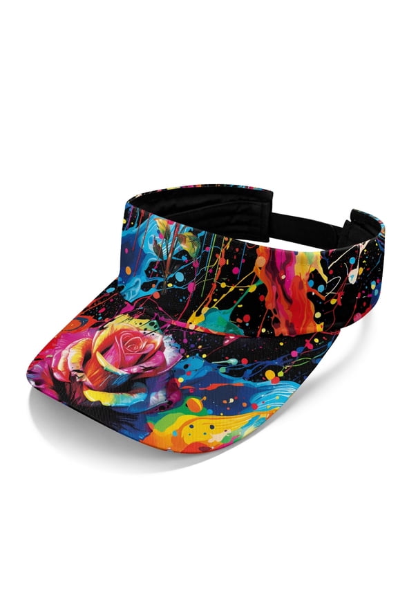 Lightweight Sun Visor Hat for Tennis Running, Polyester Fabric Open Top Sun Visor Cap, Neon Rose Splatter Art