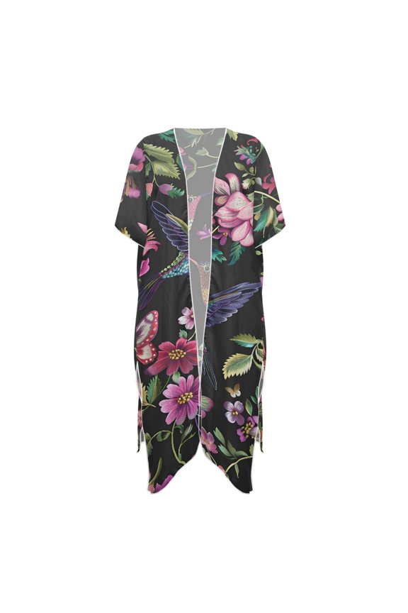 Lightweight Swimwear Coverup for Beach Polyester Loose Long Kimono Swimsuit Cover Up Floral and Hummingbird