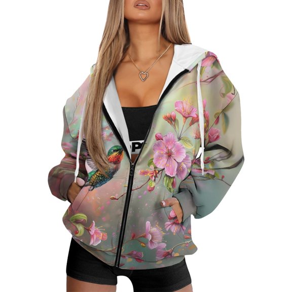 HELLHERO Lightweight Zip Up Jacket for Outdoor Fall, Hummingbird and Cherry Blossom Polyester Fabric with Pockets Hoodie Jacket