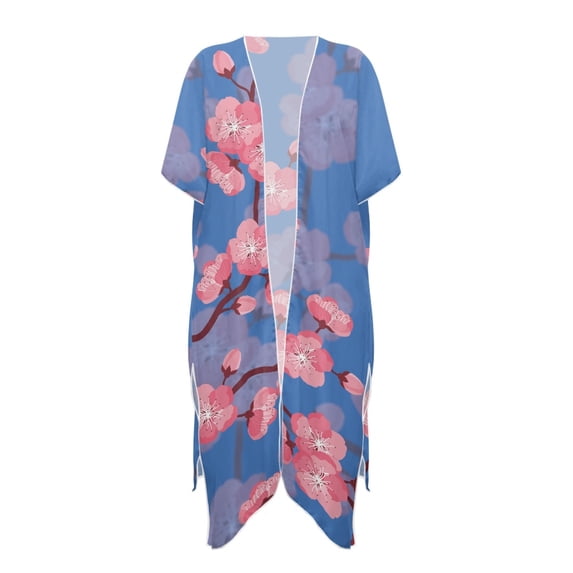 HELLHERO Lightweight and Breathable Long Kimono Cover Ups for Swimwear Women for Summer Polyester Sexy Beach Cover Up Blue Plum Blossom