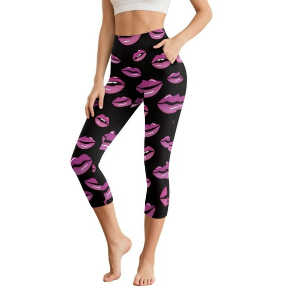 HELLHERO Lip Printed Capri Leggings for Women High Waisted Yoga Pants Athletic Yoga Leggings for Sports Gym, L