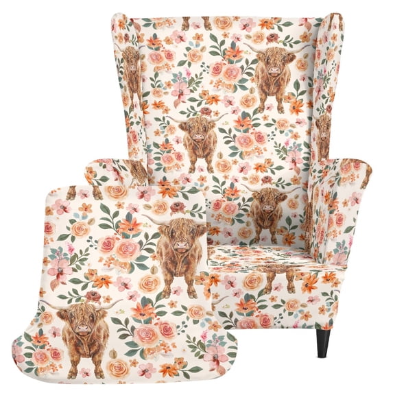 HELLHERO Little Cow Flowers Spandex Wingback Chair Slipcover with Washable, Stretch Wingback Chair Cover for Living Room Home