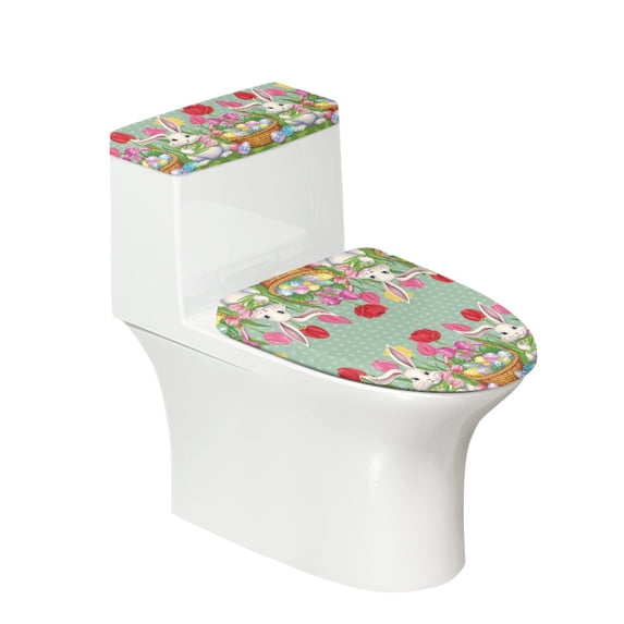 HELLHERO Little Rabbit Rose Stretch Stretchy Fabric 2 Pack with Universal Toilet Bowl Cover Bathroom Toilet Lid Cover Set Reusable