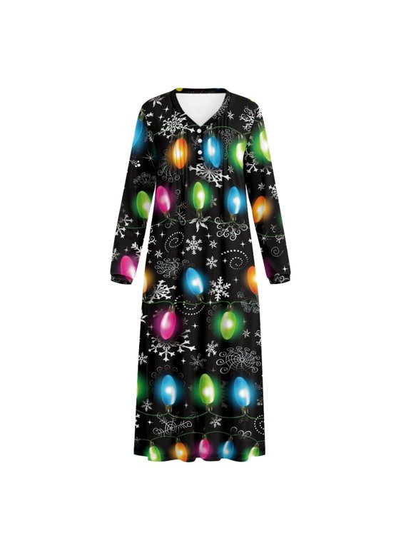 Long Sleeve House Dress for Home Bedroom, Elastane Polyester Blend Soft Comfy Nightgowns for Women, Christmas String Lights & Snowflake Print