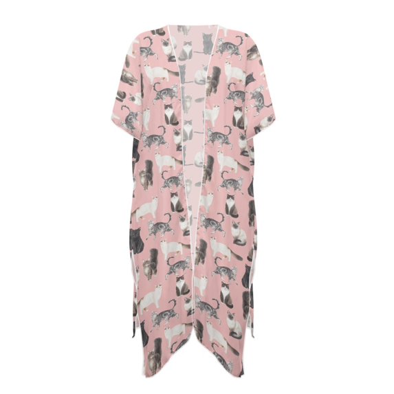 HELLHERO Loose Long Kimono Cover Ups for Swimwear Women for Beach Polyester Fashion Bikini Cover Up Pink Cat Print
