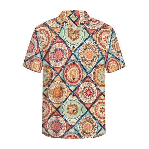 HELLHERO Loose Men's Short Sleeve Button Down Shirt, Loose Fitting Skin Friendly Men's Casual Shirt for Group Outdoor Activities Resort, Mandala Patchwork Pattern