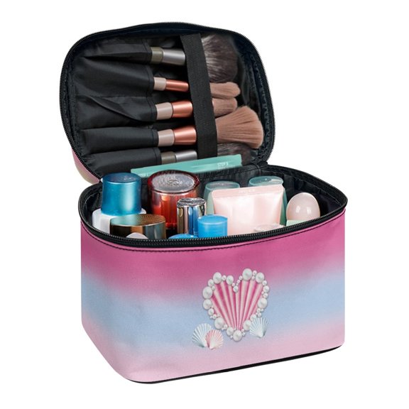 HELLHERO Makeup Bag Lightweight Travel Makeup Organizer Case with Brush Slots Multifunctional Double Zip Pastel Shell Heart