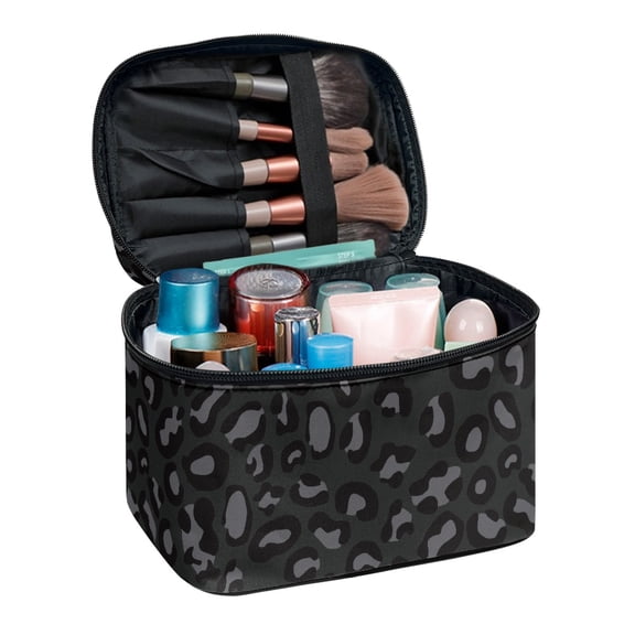 HELLHERO Makeup Case with Brush Slots Portable (8.86"x6.5"x5.9") Polyester Thoughtful Gift For Friend Purse, Black Leopard Print