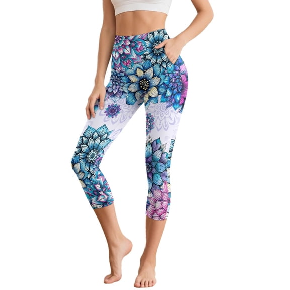 HELLHERO Mandala Flower Printed Capri Leggings for Women Breathable Yoga Pants High Waisted Yoga Leggings for Gym Workout, S