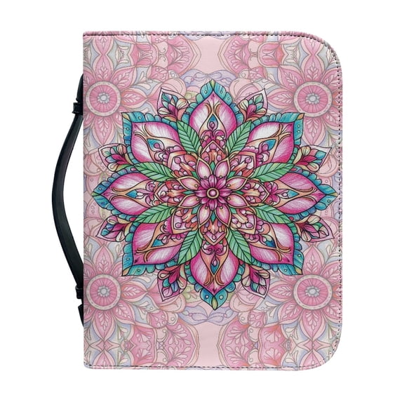 HELLHERO Mandala Pattern Church Bible Bag, Handle PU Leather Book Holder Case for Prayer Outdoor, Zippered Bible Cover