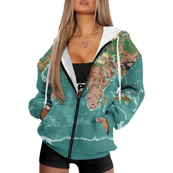 Polyester Notes HELLHERO Map Design Full Zip Hoodie Relaxed Fit with Drawstring ...