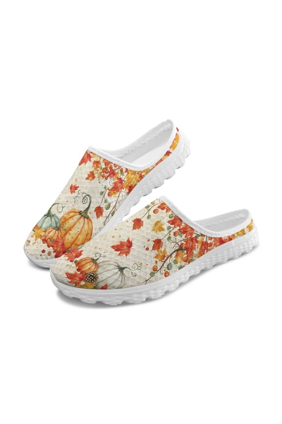 Maple Leaves and Pastel Pumpkins Mesh Slip On Clogs, Breathable Lightweight Mesh Slip On Shoes Quick Dry Breathable Mesh Slip On Mules for Travel Summer