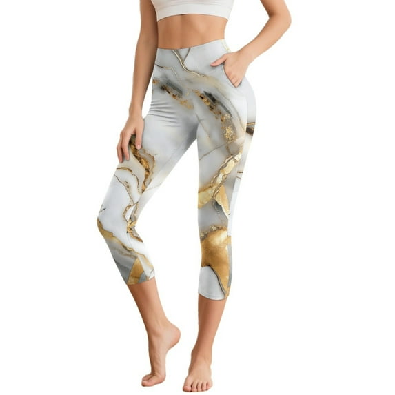 HELLHERO Marbled Printed Capri Leggings for Women Athletic Yoga Pants Tummy Control Workout Leggings with Pockets, S