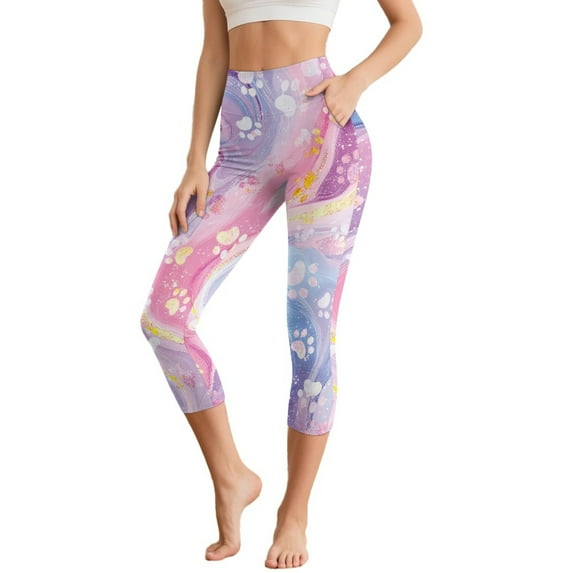 HELLHERO Marbled Printed Capri Leggings for Women High Waisted Yoga Pants Dog Paw Printed Yoga Leggings Athletic Yoga Capris with Pockets, S