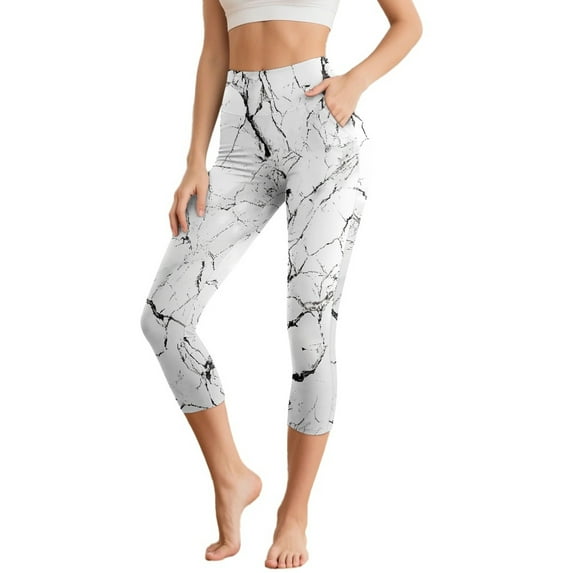 HELLHERO Marbled Printed Workout Leggings for Women High Waisted Capri Leggings Athletic Yoga Pants Breathable Yoga Capris with Pockets, S