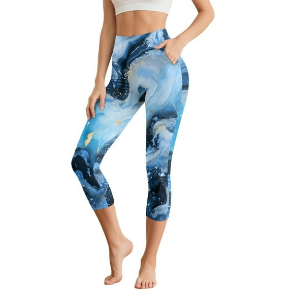 HELLHERO Marbled Printed Yoga Pants for Women Tummy Control Capri Leggings Athletic Yoga Leggings for Sports Gym, XL