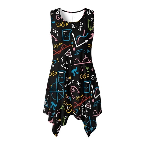 HELLHERO Math Science Doodle Pattern Summer Sleeveless Dress, Side Pockets Sleeveless Sundress Irregular Hem Crew Neck Ladies Irregular Hem Casual Dress for Party
