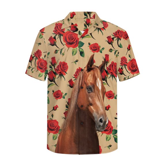 HELLHERO Men's Short Sleeve Button Up Shirt for Beach Vacation Trips, Comfortable Breathable Men's Short Sleeve Shirt, Horse & Red Roses