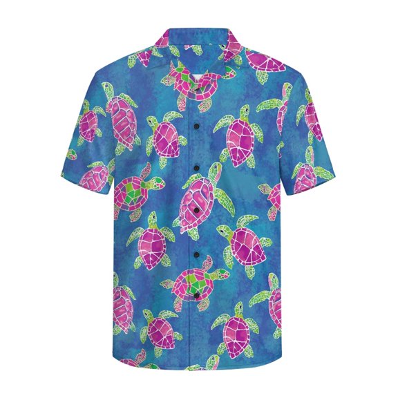 HELLHERO Men's Short Sleeve Button Up Shirt for Travel Vacation, Moisture Wicking Quick Drying Men's Short Sleeve Button Down Shirt, Turtle Pattern