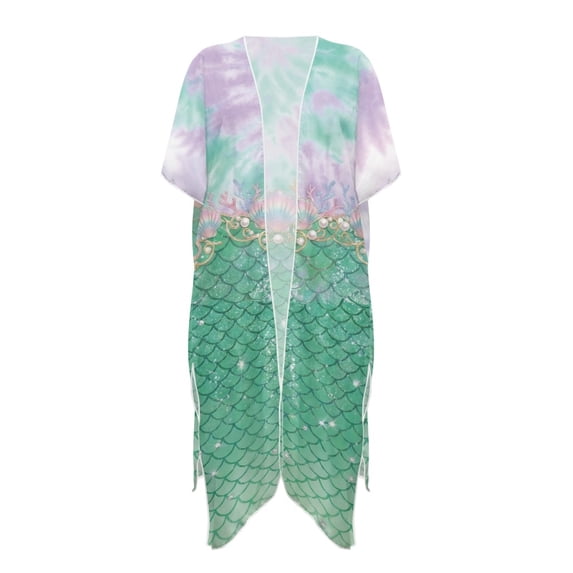 HELLHERO Mermaid Scale Beach Kimono Cover Up - Pastel Tie-Dye Seashell Design | Lightweight Flowy Swimwear Coverup for Tropical Vacation & Poolside