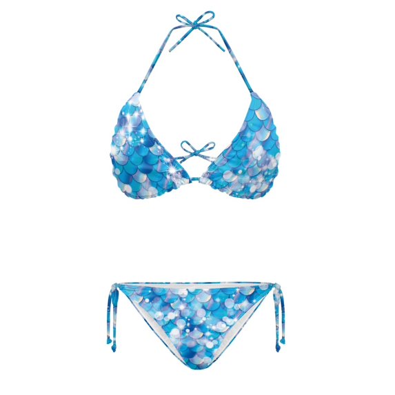 HELLHERO Mermaid Scale Print Women's Two Piece Bikini Set Premium Quality Swimwear with Removable Pads Side Tie Halter Ladies Bathing Suit