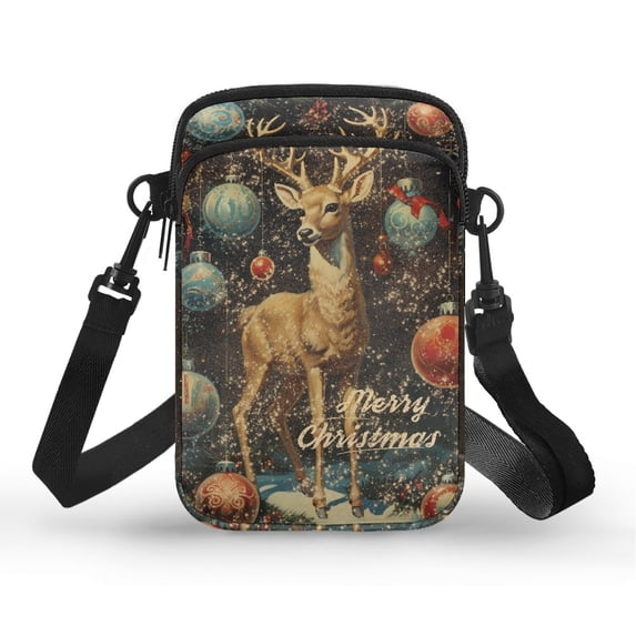 HELLHERO Merry Christmas Deer with Zipper Crossbody Small Crossbody Bags 4.33"x1.97"x7.09" for Adults Polyester