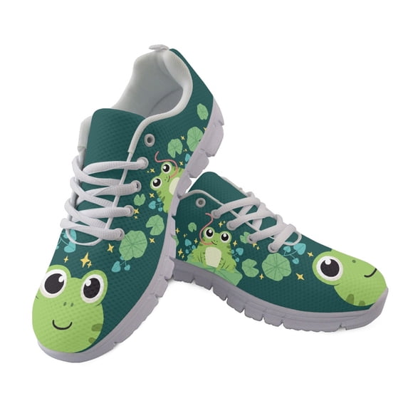 HELLHERO Mesh Running Shoes with Lightweight, Breathable Lace-up Walking Sneakers for Training, Cartoon Frog Lily Pad