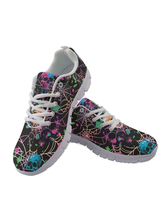 Mesh Running Sneakers for Training, Breathable Lightweight Running Shoes for Women, Skull Spider web