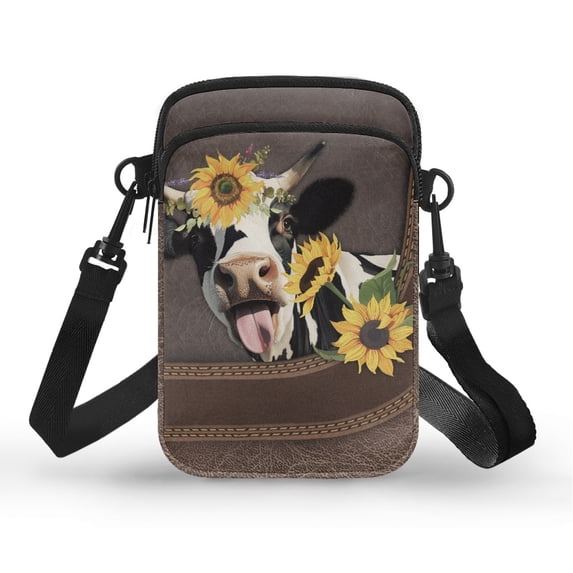 HELLHERO Messenger Bag Adjustable Shoulder Strap Travel Daily Use Unisex Shoulder Bags 2 Layers Cow Sunflower Wreath