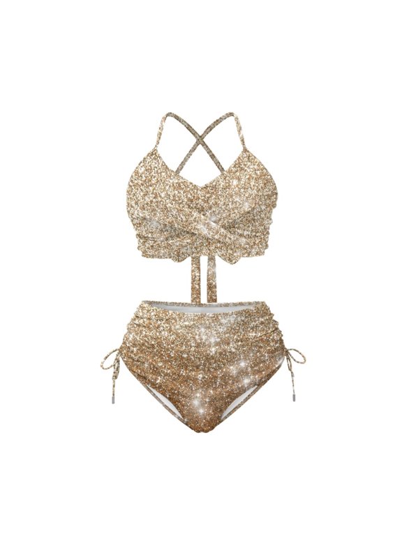 Metallic Gold Glitter Sequin High Waisted Bikini Set - Halter Neck Drawstring 2 Piece Swimwear for Beach & Pool Vacations