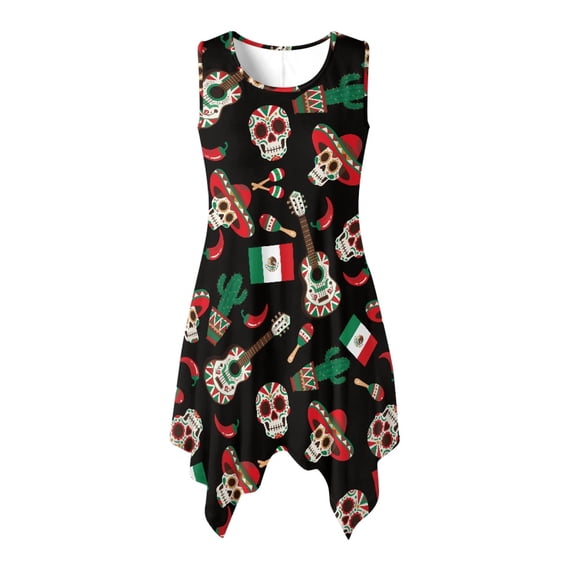 HELLHERO Mexican Theme Sugar Skull Cactus Women Sleeveless Casual Dress, Side Pockets Summer Sleeveless Sundress Irregular Hem Round Neck Summer Sleeveless Dress