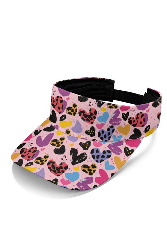 Mixed Heart & Leopard Print Pattern Sun Visor Hat for Unisex, Polyester Fabric Adjustable Strap Open Top Visors for Beach Running Outdoor Adventures