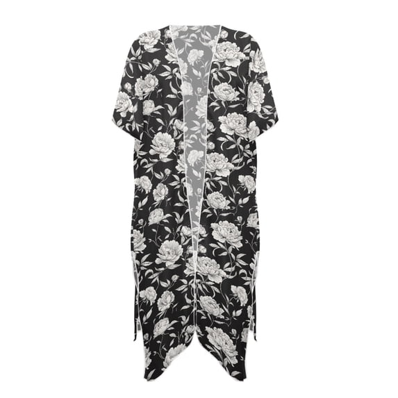 HELLHERO Monochrome Peony Floral Kimono Cover Up - Lightweight Breathable Beachwear for Women | Vacation, Pool & Resort Wear