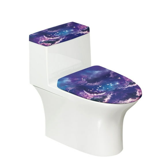 HELLHERO Moon Butterfly Keep Dust Stain 2 Piece Set Bathroom Seat Covers, Elastic Bottom Elastic Fabric Toilet Seat Cover Replacement & Stays in Place, Washable and Reusable, Dust-Proof, Stretch Fit