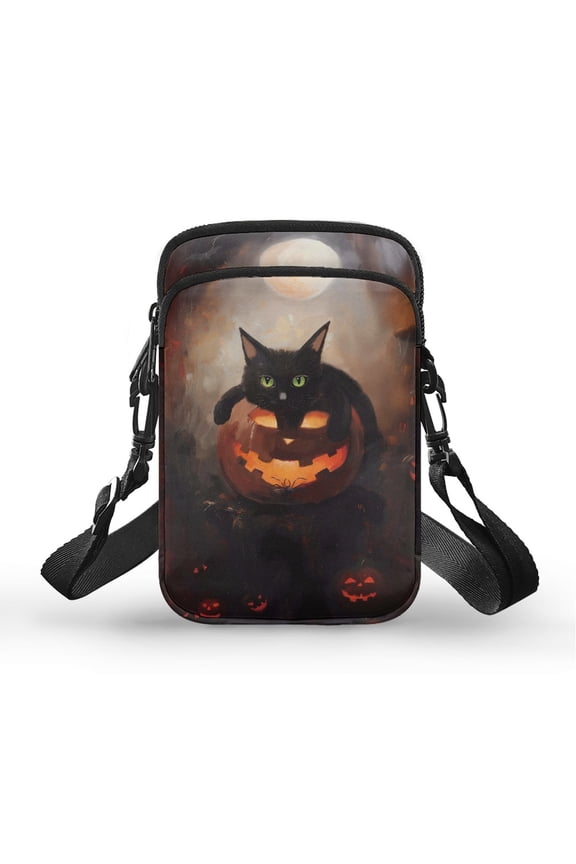 Moon Cat Jack O Lantern Women Messenger Bag, Polyester Adjustable Strap for Unisex