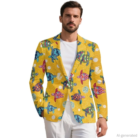 HELLHERO Mosaic Turtle Pattern with Pocket Regular Fit Blazer, Lightweight Polyester Men's One-Button Twill Blazer for Work Casual