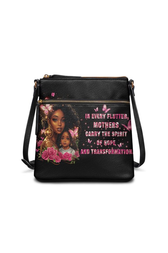 Multiple Zipper Pockets Crossbody Shoulder Bag for Travel Outdoor, PU Leather Adjustable Strap Women's Shoulder Purse, Mother Daughter Butterfly Roses