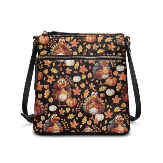 HELLHERO Multiple Zipper Pockets Shoulder Bag for Travel and Weekend Activities, PU Leather Waterproof Women's Shoulder Crossbody Purse, Thanksgiving Turkey Pattern