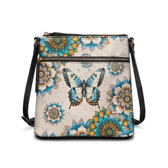 HELLHERO Multiple Zipper Pockets Shoulder Bag for Daily and Travel, PU Leather Waterproof Women's Shoulder Crossbody Purse, Butterfly Floral Print