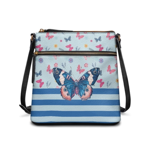 HELLHERO Multiple Zipper Pockets Shoulder Bag for Shopping and Work, PU Leather Waterproof Women's Shoulder Crossbody Purse, Butterfly Stripe Pattern