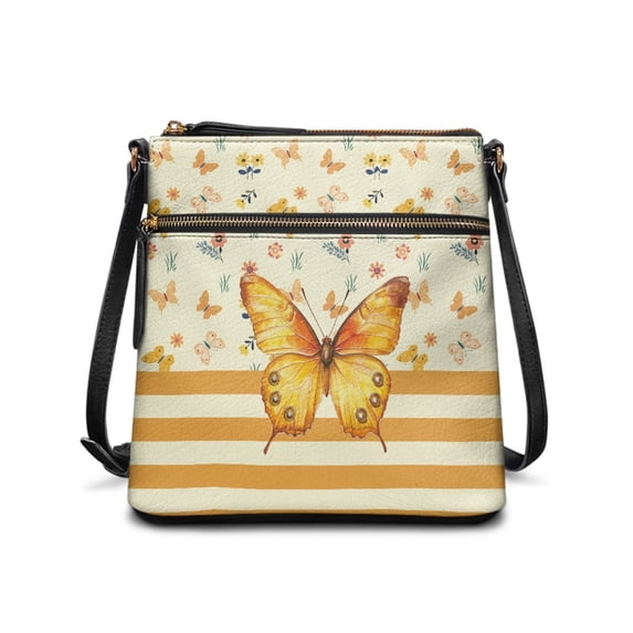 HELLHERO Multiple Zipper Pockets Shoulder Bag for Travel Daily, PU Leather Spacious Women's Shoulder Crossbody Purse, Golden Butterfly Floral Stripe
