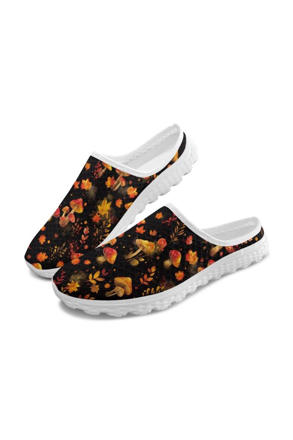 Mushroom Autumn Leaves Half Drag Mesh Shoes with Slip On, Anti Odor Breathable Mesh Slip On Shoes for Summer Beach Vacation Holiday Party