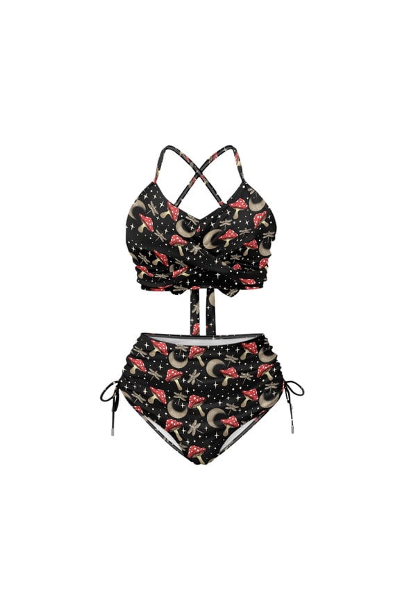 Mushroom & Celestial Moon High Waisted Bikini Set - Halter Drawstring 2 Piece Bathing Suit for Beach Vacation, Pool Party & Summer Getaways