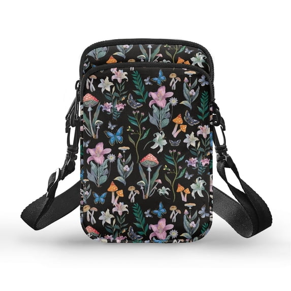 HELLHERO Mushroom and Floral Pattern Polyester Crossbody Bags Double Deck Travel, Outdoor and Daily Use with Shoulder Strap